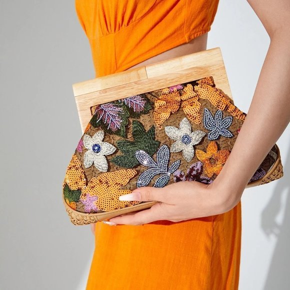 Orange Preppy Womens Floral Embroidered Sequin Decor Straw Bag - Picture 2 of 5